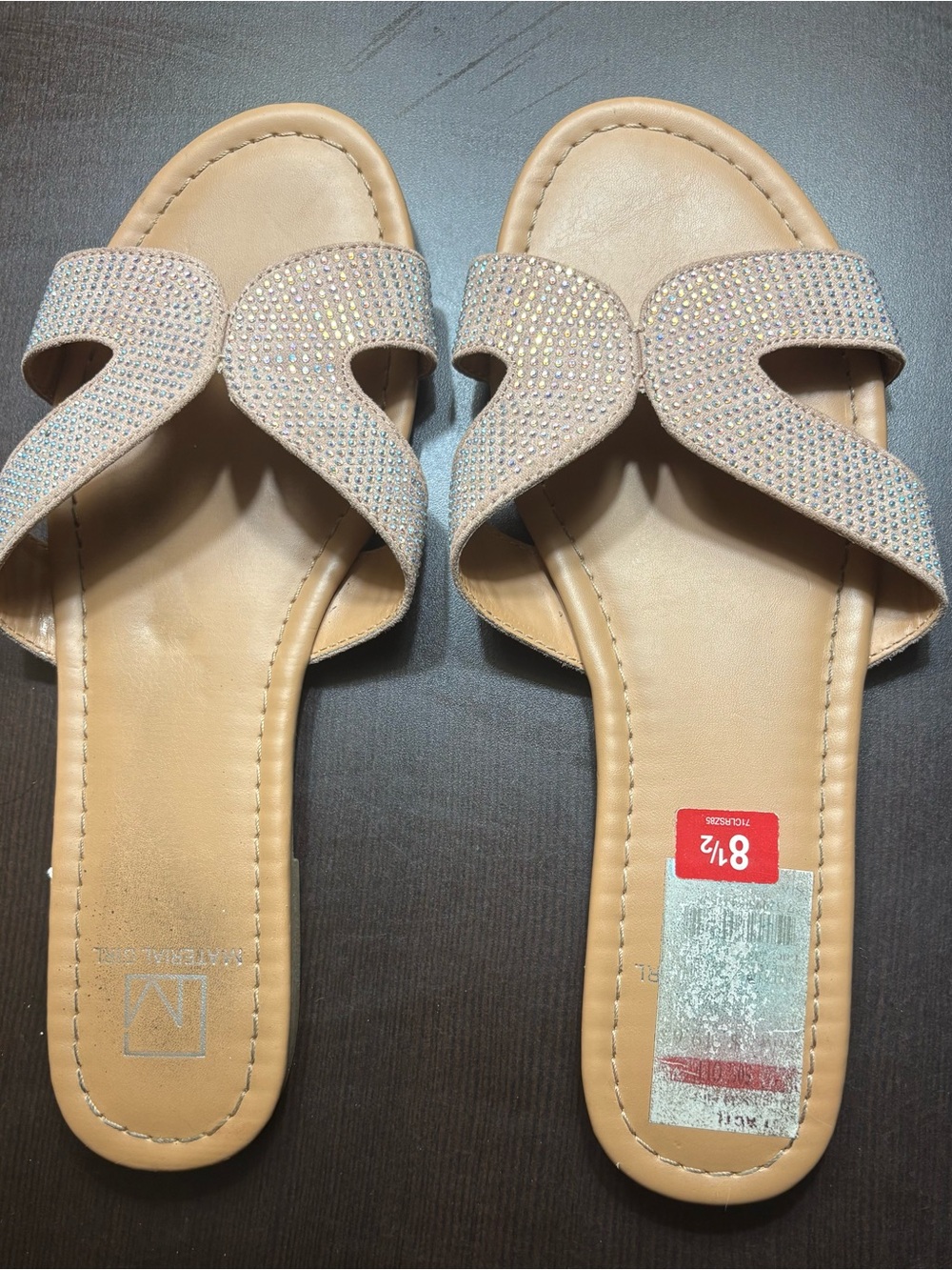 Material Girl Nude Crystal Slide Sandals